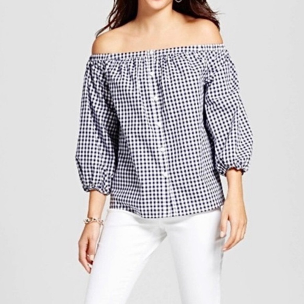 Merona navy gingham off the shoulder top